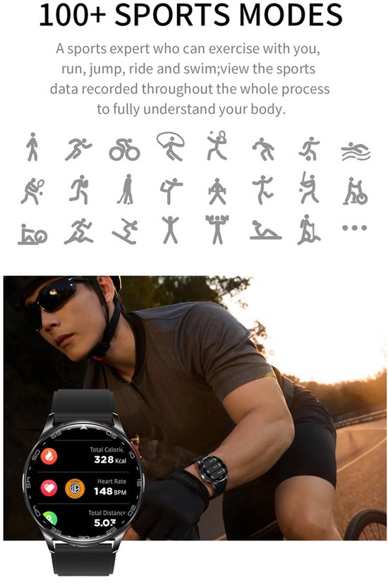 Man met bril en sportkleding, draagt een smartwatch met sportmodi.