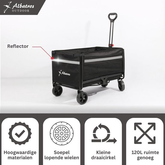 Albatros bolderkar opvouwbaar 120 liter met flesopener en bekerhouder – handkar met reflecterende strips, opening in de achterwand en afdekking – Transportkar voor buitengebruik, geschikt voor kamperen en excursies - Bolderkar 120 L — afbeelding 4