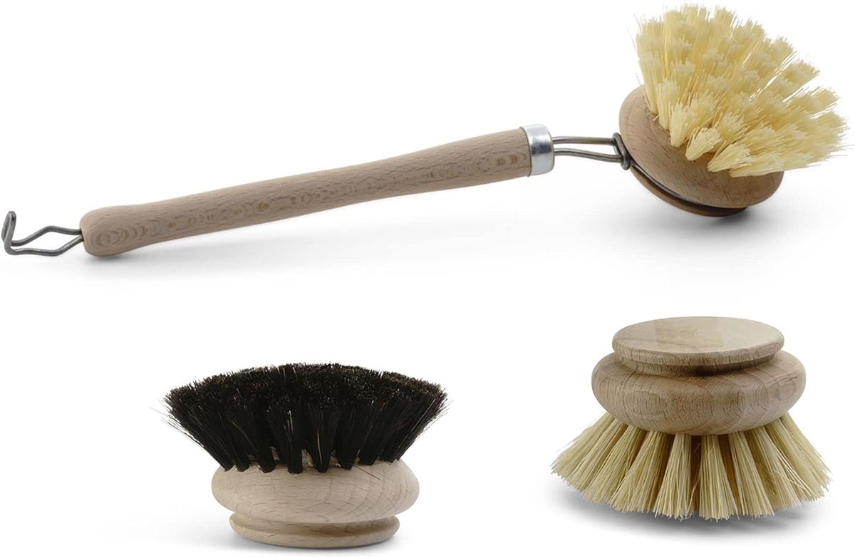3-delige set 1x afwasborstel I 2x reservekoppen I synthetische vezel natuurlijke vezel paardenhaar I hout I groot I afwasborstel keukenborstel afwasborstel schrobborstel schoonmaakborstel borstel keuken