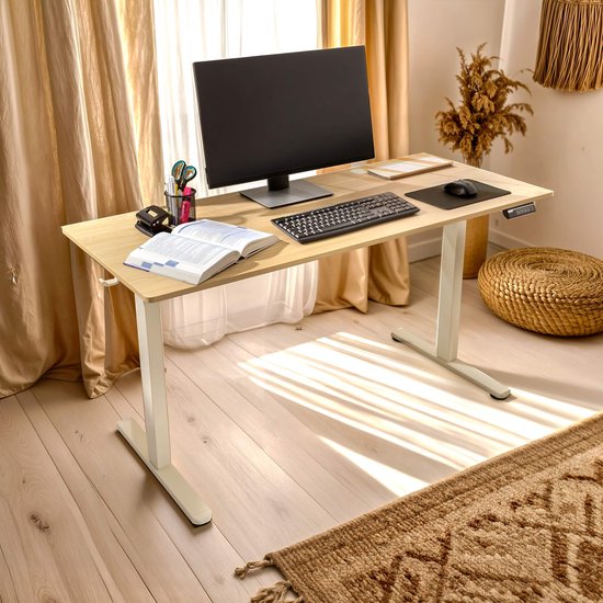 Bureau Assis-debout électrique Arebos 140x60cm – Hauteur 72-118cm, Mémoire 3 Positions, Charge 50kg, Blanc, Gestion Câbles