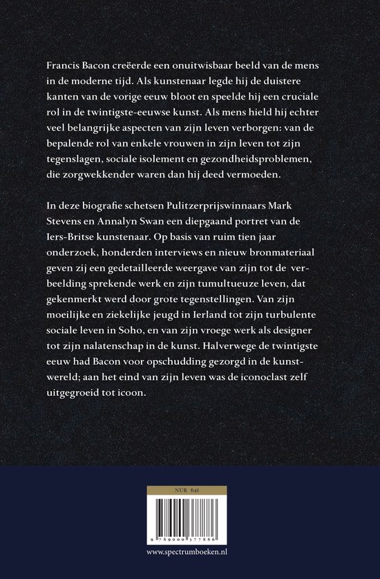 Achterkant van een boek met tekst over Francis Bacon en zijn biografie. ISBN en website onderaan.