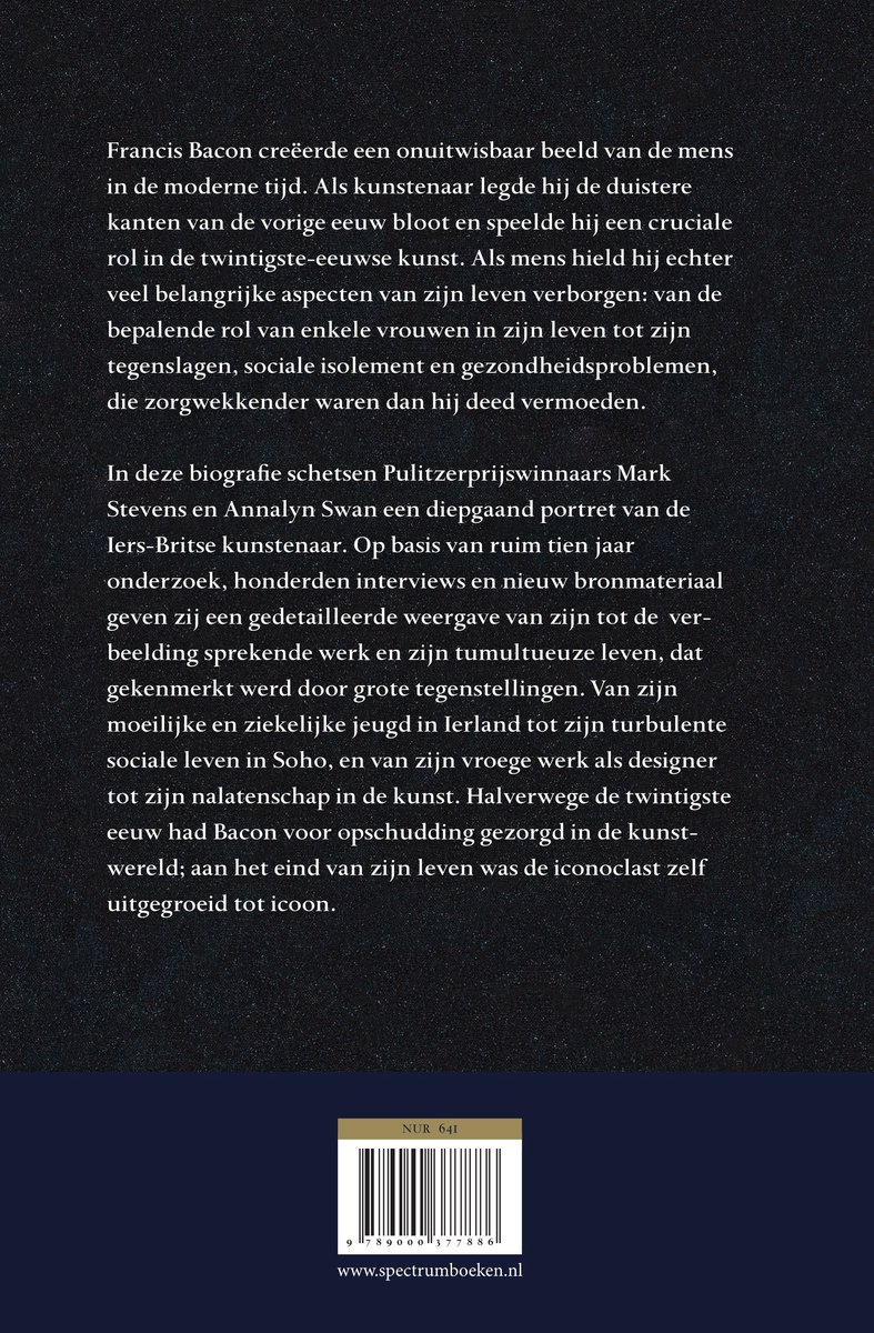 Achterkant van een boek met tekst over Francis Bacon en zijn biografie. ISBN en website onderaan.