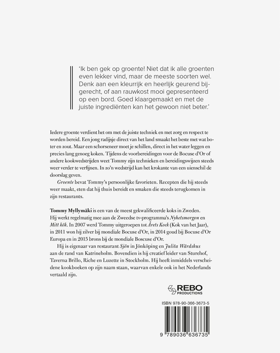 Achterkant van een kookboek met tekst en een ISBN-nummer.