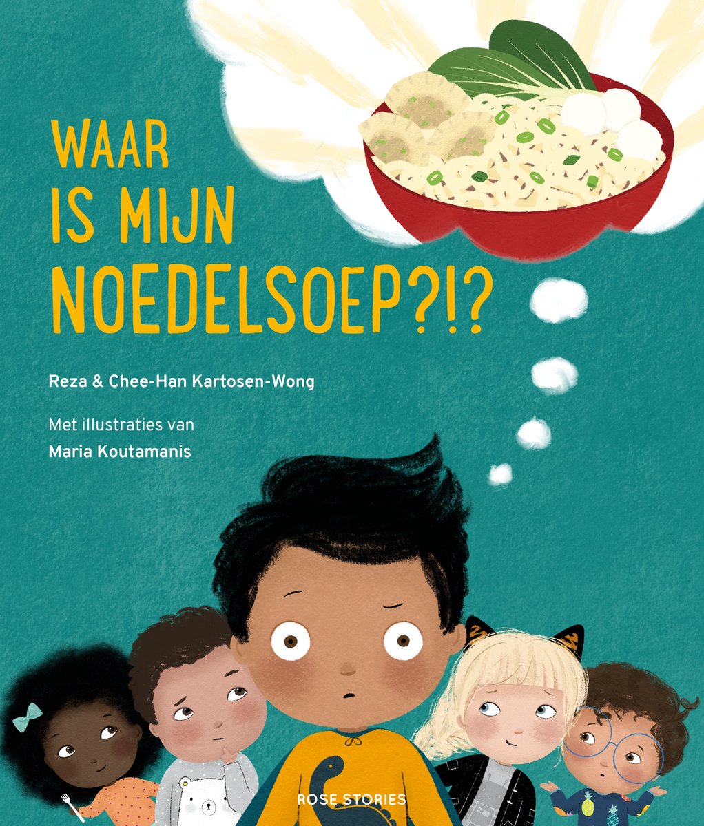 Een jongen met een gele trui met een eendje erop, vraagt zich af waar zijn noedelsoep is. Er omheen staan vier andere kinderen.