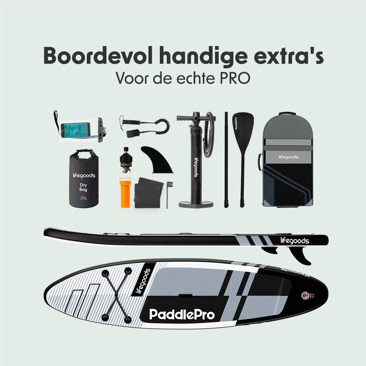 LifeGoods PaddlePro SUP Board Pro - Pro Set - Opblaasbaar Paddle Board - Max. 150KG - 320x81cm - Zwart/Wit – foto 6