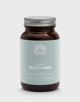 Bruine glazen pot met MATTISSON HEALTHSTYLE VEGAN MULTI MAN, met lichtgroen label, 60 capsules.