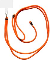 Oranje telefoonkoord met een wit clip-on telefoonhoesje.