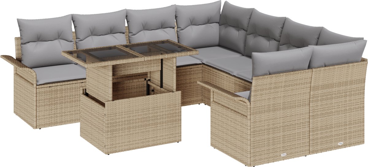 vidaXL - Tuinbank - Set - met - kussen - met - opslag - 9 - pcs - Beige - Poly - Riet