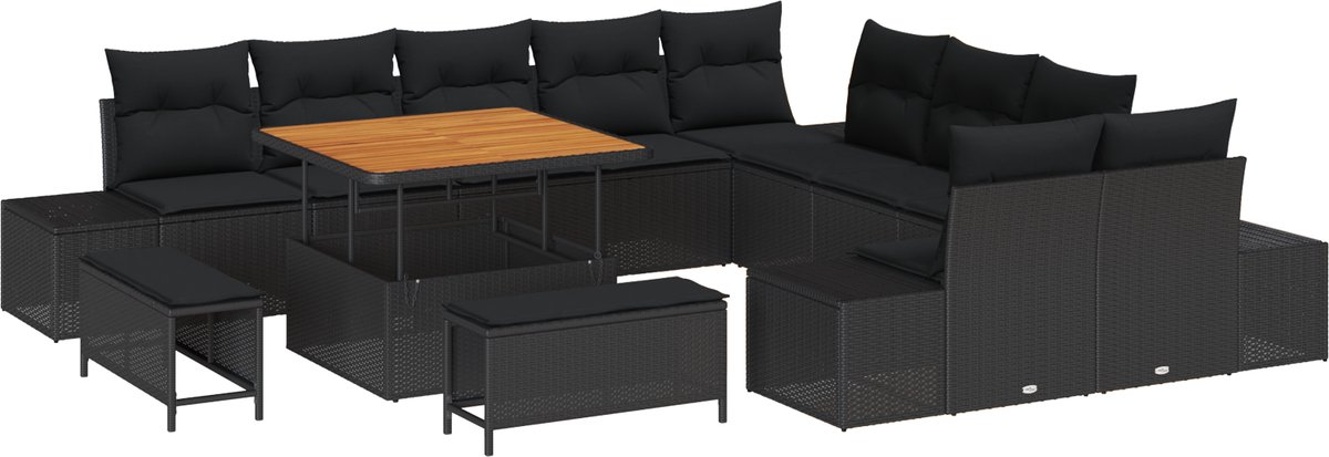 vidaXL - Tuinbank - Set - met - kussen - met - opslag - 13 - pcs - Zwart - Poly - rattan