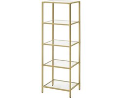 Kast - Goudenrek - Rek - Rekeenheid, 5-verdiepingen opstapplank, smalle glazen plank voor slaapkamer, badkamer, thuiskantoor, gehard glas, stalen frame, goudkleur