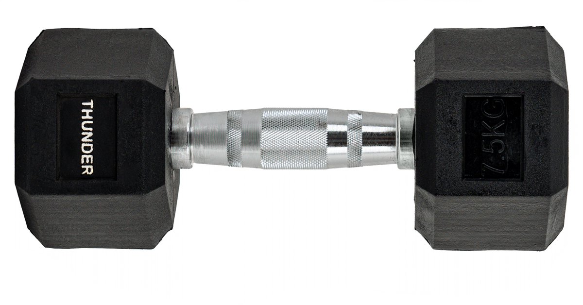 THUNDER® HEXAGONAL-DUMBBELLS-7,5KG Zwarte Rubberen Halter Stalen Kern Voor Krachttraining & Fitness Antislip Duurzaam & Professioneel Per Stuk - Stevige Grip – foto 4