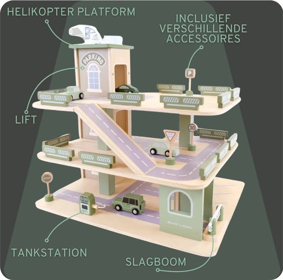 Gedetailleerde houten speelgoedgarage met auto's, helikopterplatform, lift, tankstation en slagboom.