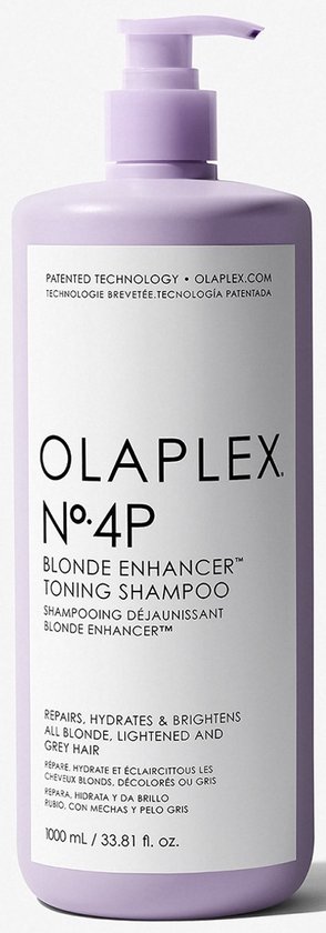 Lichtpaarse fles met pompdispenser, met daarop 'OLAPLEX N°.4P BLONDE ENHANCER TONING SHAMPOO'.