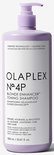 Lichtpaarse fles met pompdispenser, met daarop 'OLAPLEX N°.4P BLONDE ENHANCER TONING SHAMPOO'.
