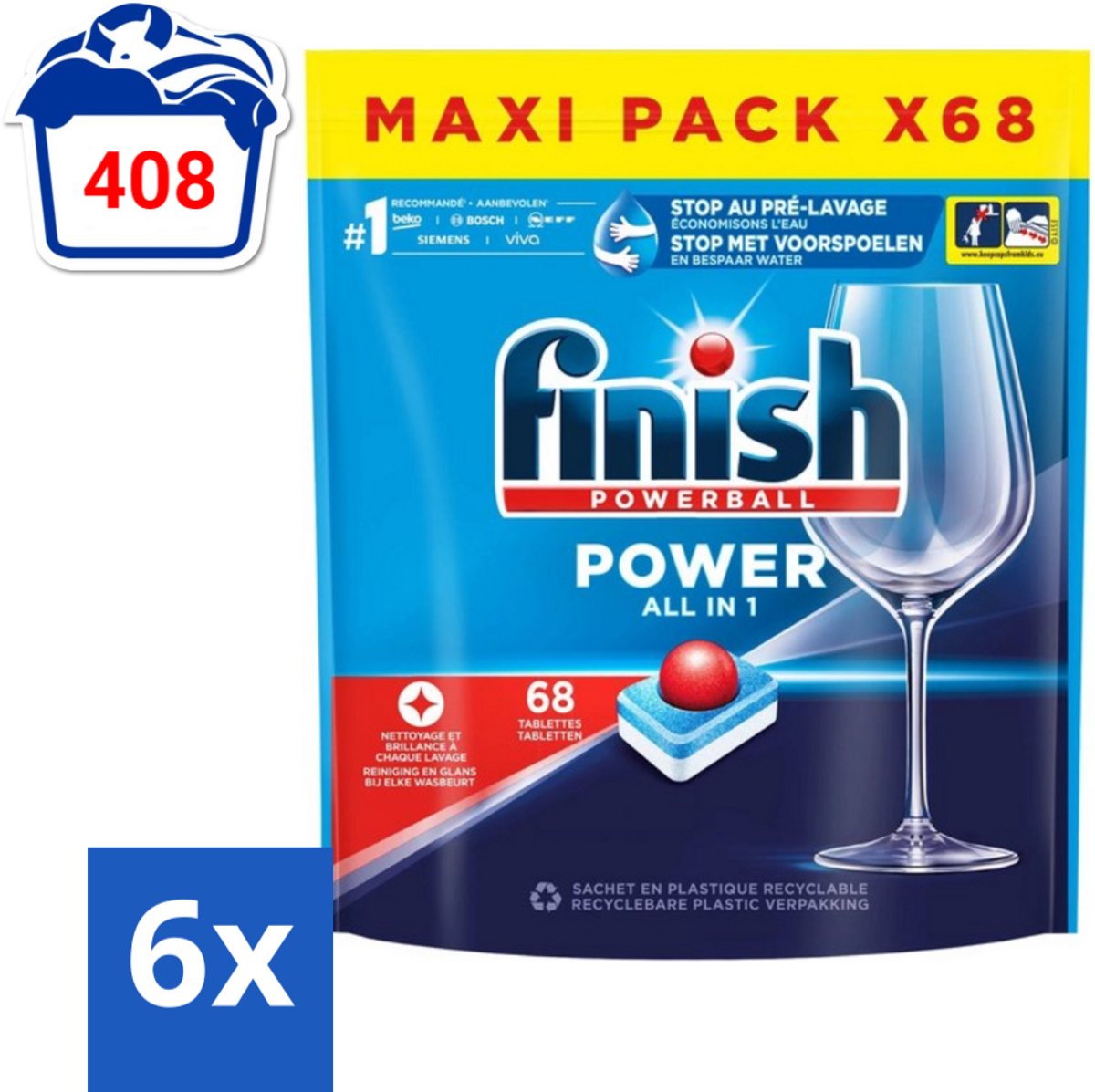 Finish Powerball - Power All in 1 - Vaatwastabletten - Reiniging & Glans - 68 Tabletten - Voordeelverpakking - 6 stuks