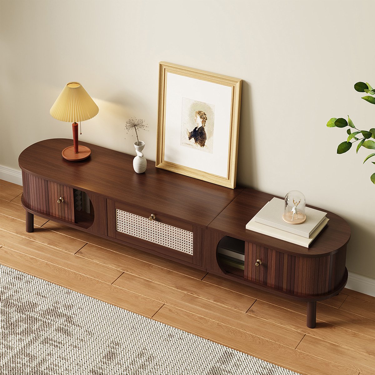 TV meubel TV meubel met houten deuren en rieten lades Natuurlijke opbergoplossingen