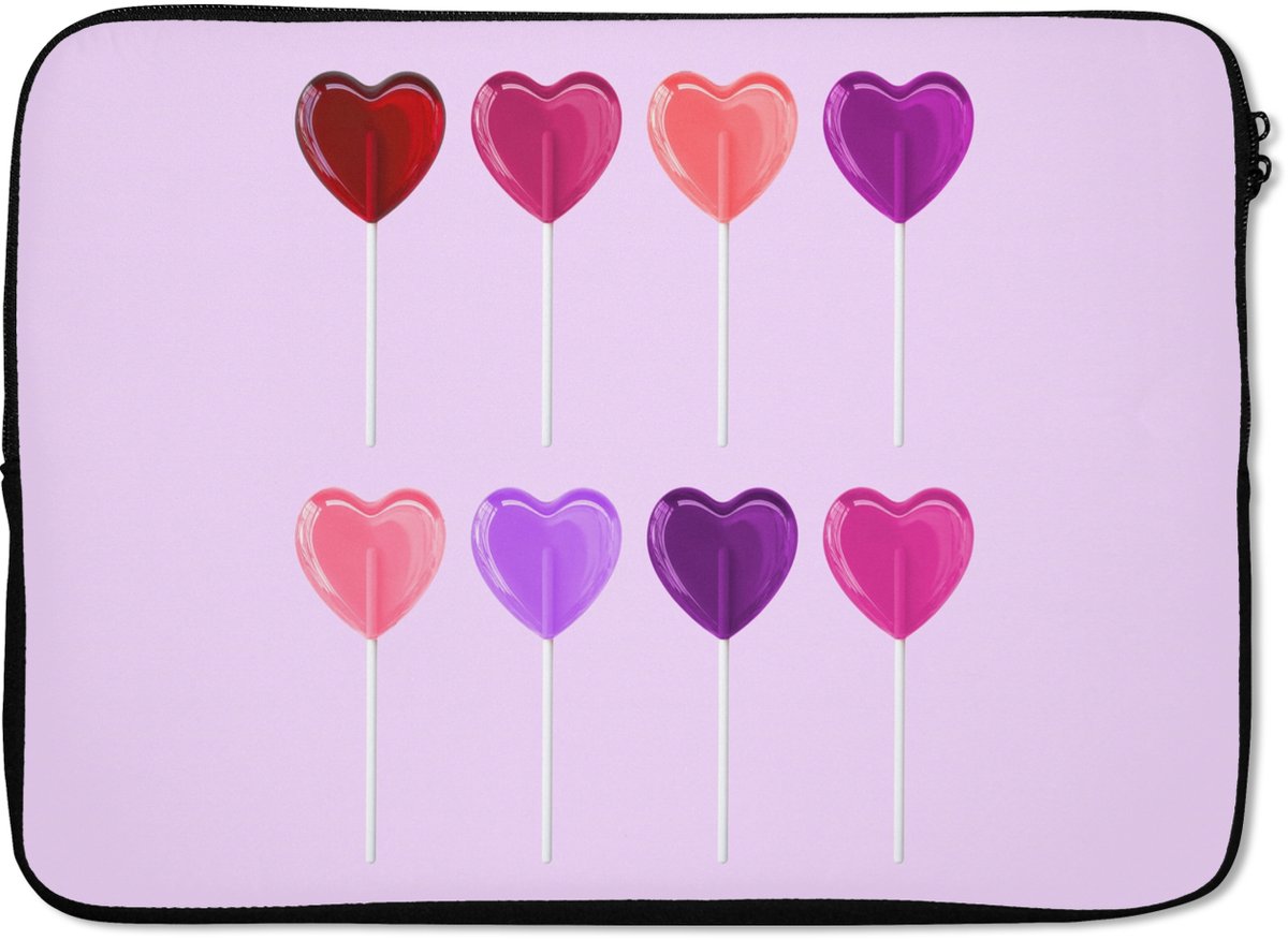 Laptophoes 14 inch - Lolly - Hart - Roze - Snoep - Laptop sleeve - Binnenmaat 33x23 cm - Zwarte achterkant