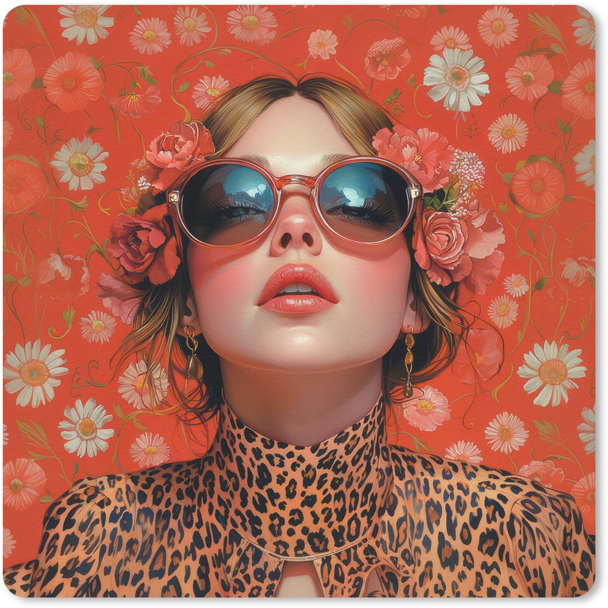 Muismat 30x30 cm - Mousepad Vrouw - Kleurrijk - Dierenprint - Bloemen - Muismatten