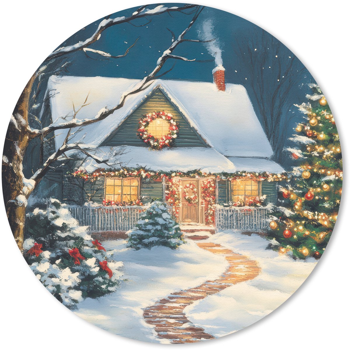 Muismat rond 40x40 cm - Mousepad Kerst - Kerstboom - Winter - Huis - Sneeuw - Ronde muismatten