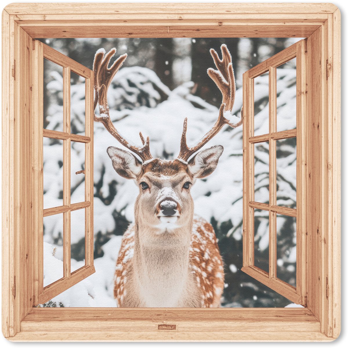 Muismat 30x30 cm - Mousepad Doorkijk - Hert - Sneeuw - Winter - Bos - Dieren - Muismatten
