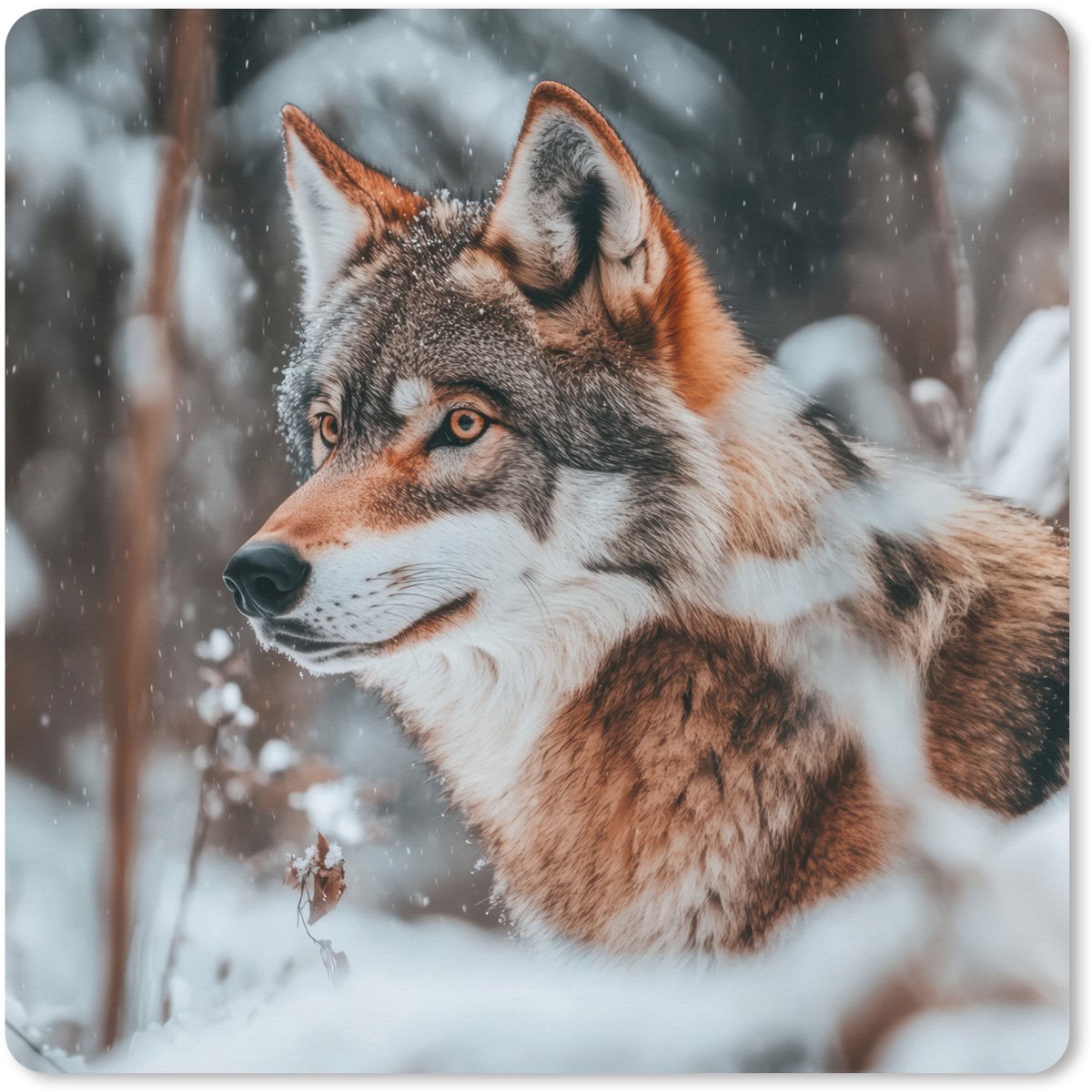 Muismat XXL 50x50 cm - Bureau onderlegger - Bureau mat Wolf - Sneeuw - Winter - Dieren - Natuur - Sneeuw - Bureaumat - Gaming mousepad xl - Bureaulegger groot - Computer deskmat