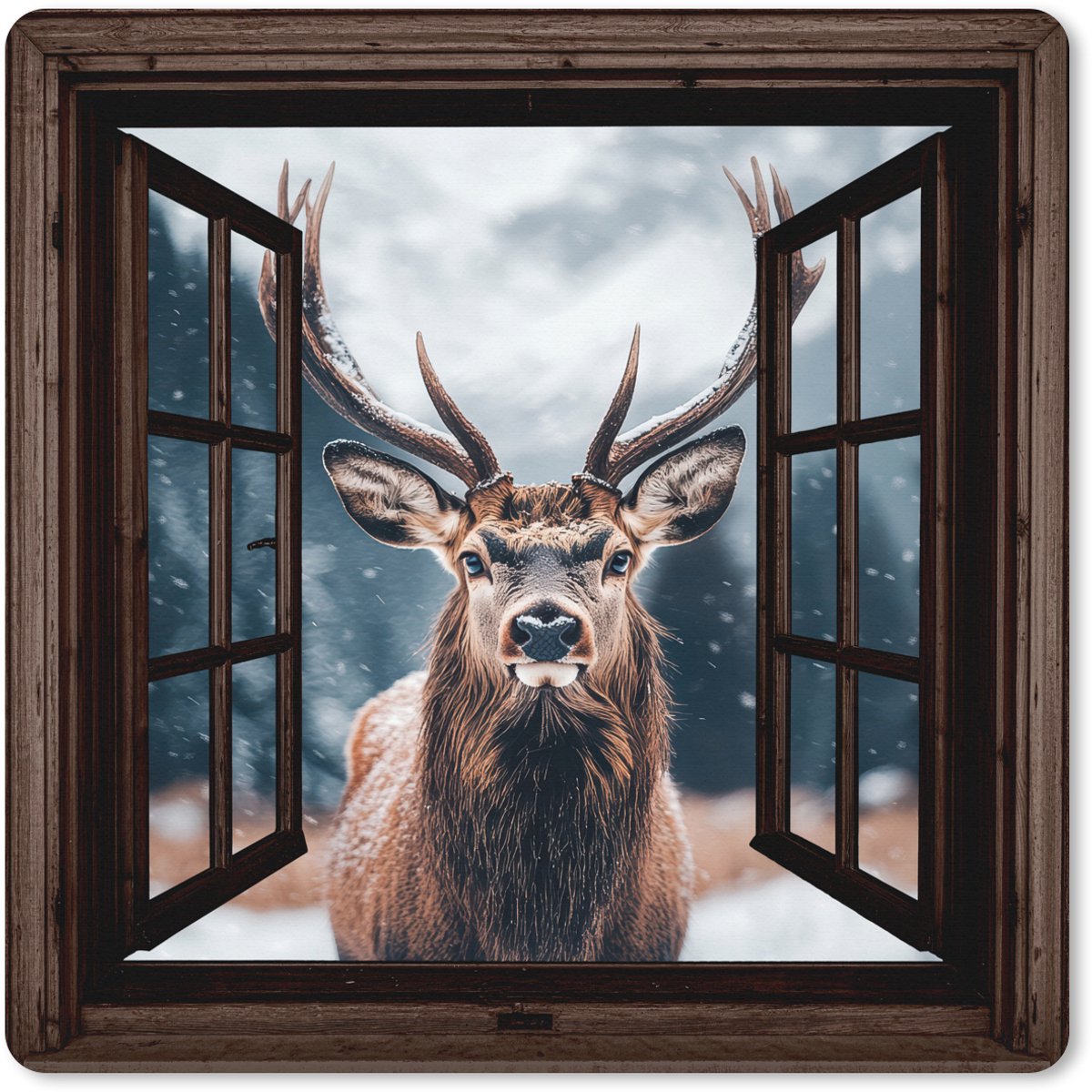 Muismat XXL 80x80 cm - Bureau onderlegger - Bureau mat Doorkijk - Hert - Dieren - Landschap - Winter - Sneeuw - Landelijk - Bureaumat - Gaming mousepad xl - Bureaulegger groot - Computer deskmat