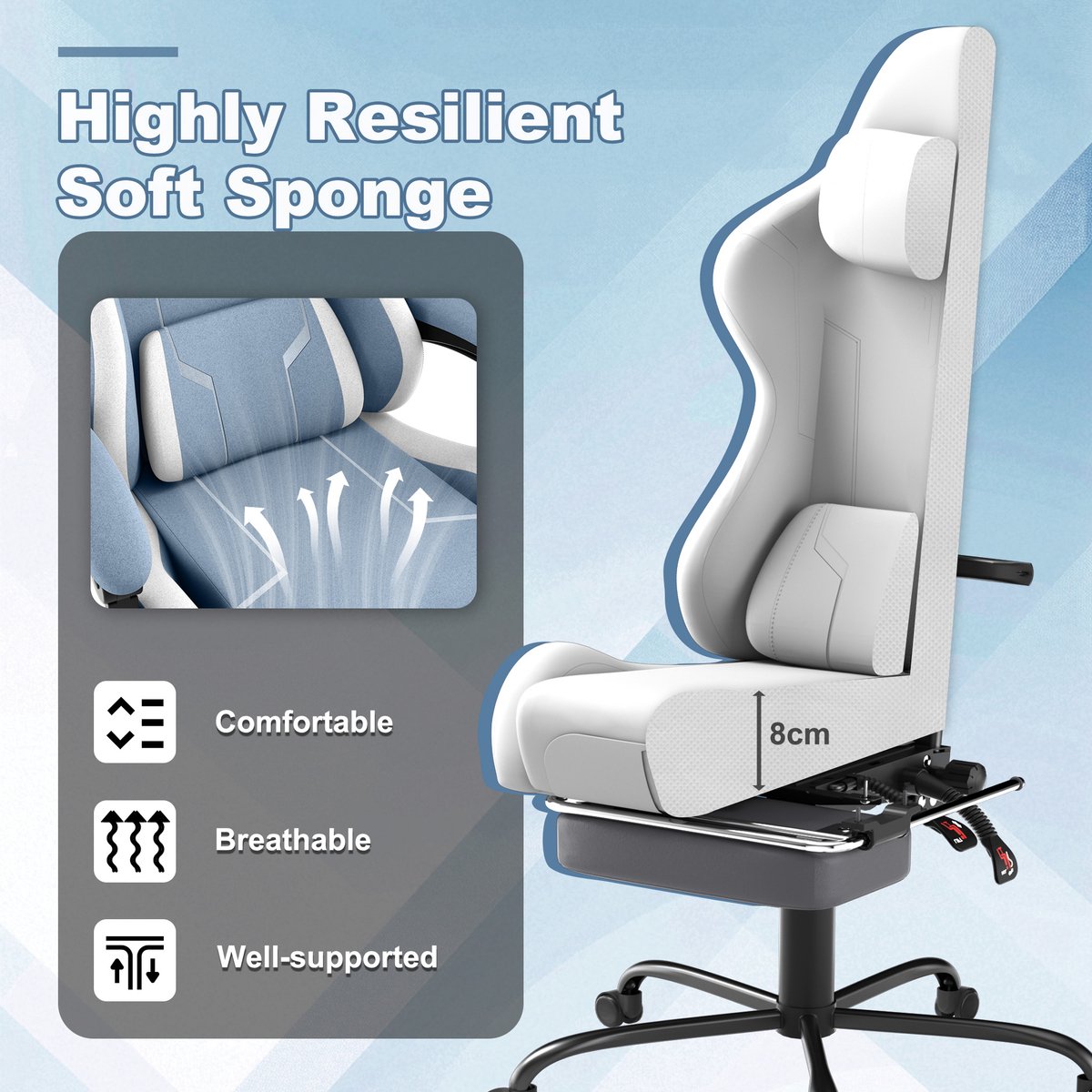 NAIZY Gamingstoel met Massagefunctie en Voetensteun Blauw - afbeelding 2