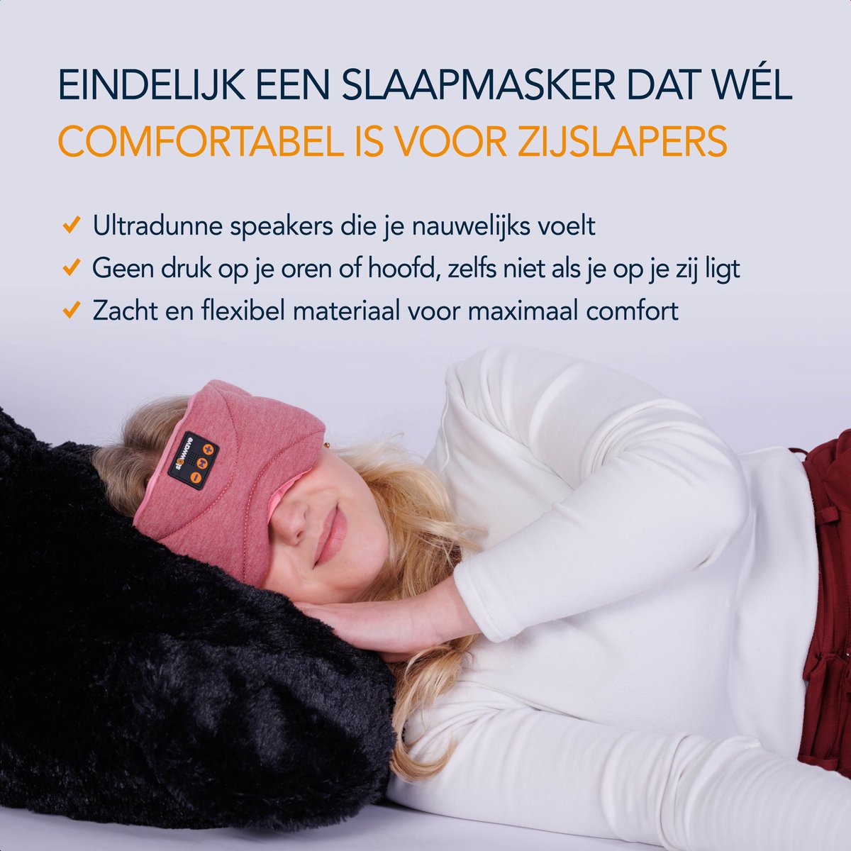 Slowwave Premium Bluetooth Slaapmasker - White Noise Versie (10 ingebouwde relax-geluiden) - Rose Quartz Edition - Met Binaural Beats - 100% verduisterend - Inclusief handige timer-functie - Koel en ademend - Platte 'spons speakers' voor zijslapers — afbeelding 5