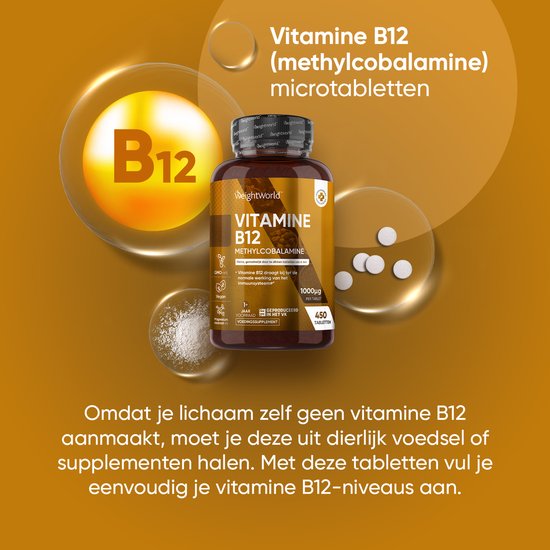 WeightWorld Vitamine B12 tabletten - 1000 mcg - 450 vegan microtabletten voor 1+ jaar voorraad