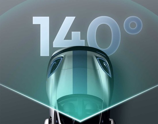 Witte cijfers "140°" bovenop een gestileerde weergave van een auto, met blauwe lijnen die een kijkhoek aangeven.