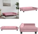 Collage de quatre images d'un canapé pour chien en velours rose.