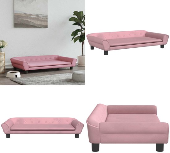 Collage de quatre images d'un canapé pour chien en velours rose.