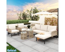 Gutent Tuin loungestoelset – ijzeren frame en beige koord -Beige – twee fauteuils – twee tweezitsbanken en twee tafels (alle kussens inbegrepen)