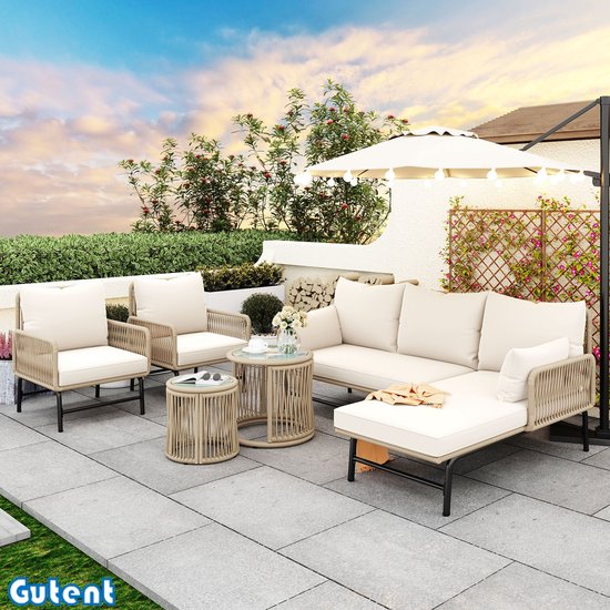 Gutent Tuin loungestoelset - ijzeren frame en beige koord -Beige - twee fauteuils - twee tweezitsbanken en twee tafels (alle kussens inbegrepen)