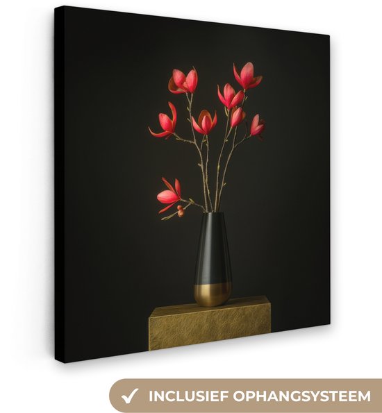 Canvas schilderij 90x90 cm - Exclusieve wanddecoratie Rode - Bloemen - Vaas - Muurdecoratie woonkamer - Slaapkamer decoratie - Kamer accessoires - Schilderijen op canvas