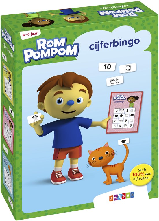 Doos van het spel Rompompom cijferbingo. Een jongen met blauw shirt en rode broek houdt een kaart vast, met naast hem een oranje kat.