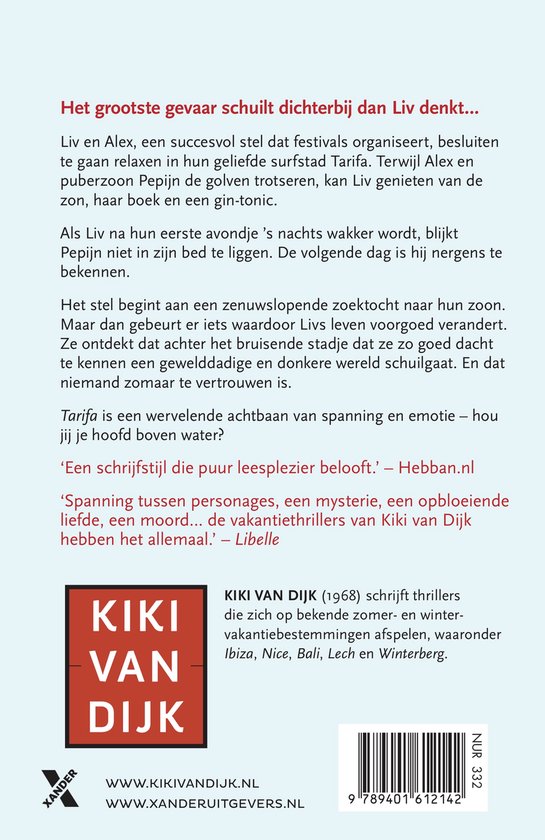Boekomslag met tekst over Kiki van Dijk en haar boek Tarifa. Achtergrond met schaduwen en een barcode.