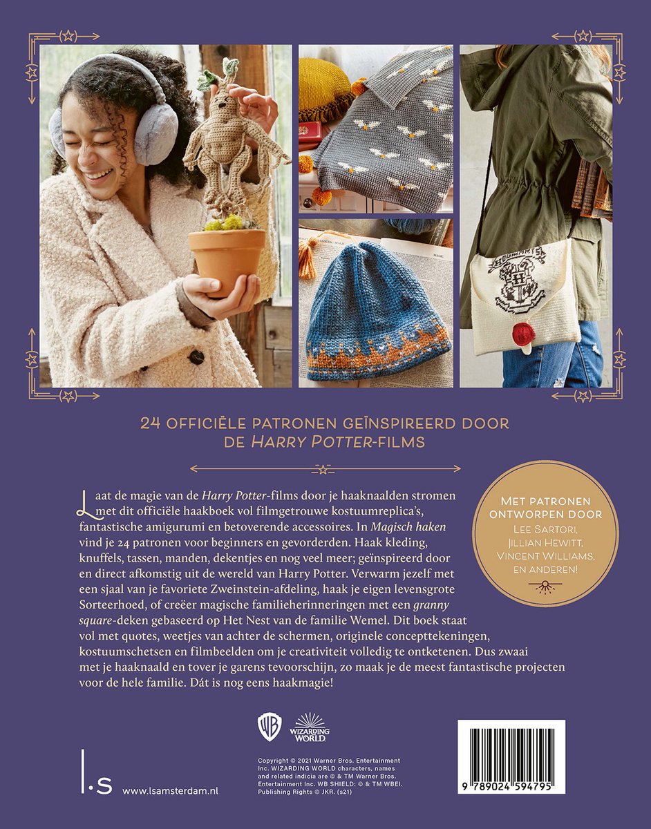 Model met gehaakte Dobby pop, oranje oorwarmers en gebreide muts. Diverse gehaakte patronen met Harry Potter thema.