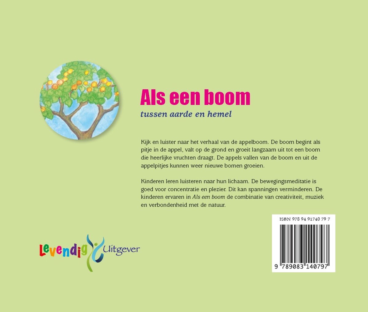 Boek "Als een boom tussen aarde en hemel" met illustratie van een appelboom met fruit op de achterkant, ISBN en uitgever.