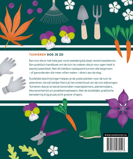 Een bruinverloop van een esdoornblad, grijze tuinhandschoenen, een hark, schep, viooltjes, wortels, snoeischaar, laarzen en paarse bloemen op een groene achtergrond.