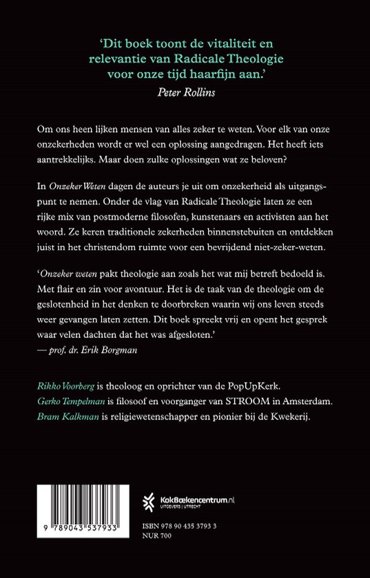Achterkant van het boek 'Onzeker weten' met een citaat, beschrijving van het boek en de auteurs, en ISBN-informatie.