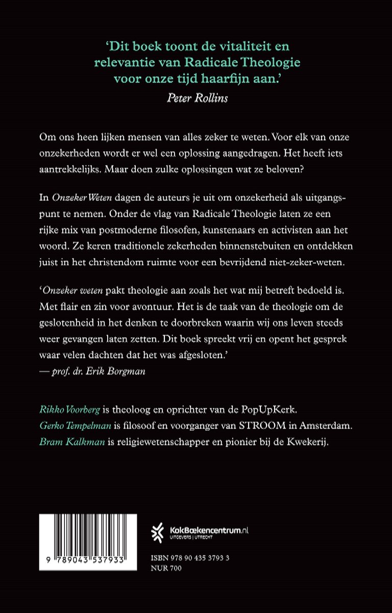 Achterkant van het boek 'Onzeker weten' met een citaat, beschrijving van het boek en de auteurs, en ISBN-informatie.