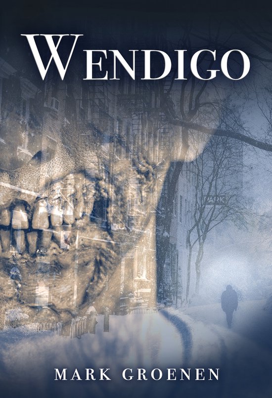 Boekomslag met de titel 'WENDIGO' in witte letters, met een griezelige gelaatstrek, een winterse straat en een figuur die in de sneeuw loopt.