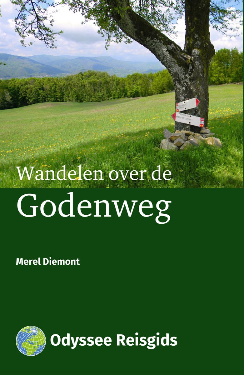 Boekcover: Wandelen over de Godenweg. Groene achtergrond met witte tekst. Bovenkant met een landschap met een boom en een wegwijzer.