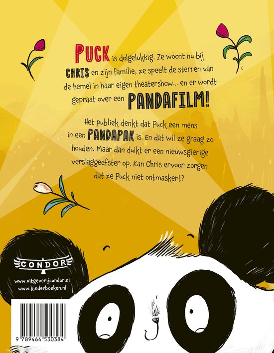 Achterkant boek 'Puck is dolgelukkig' met panda en tekst.