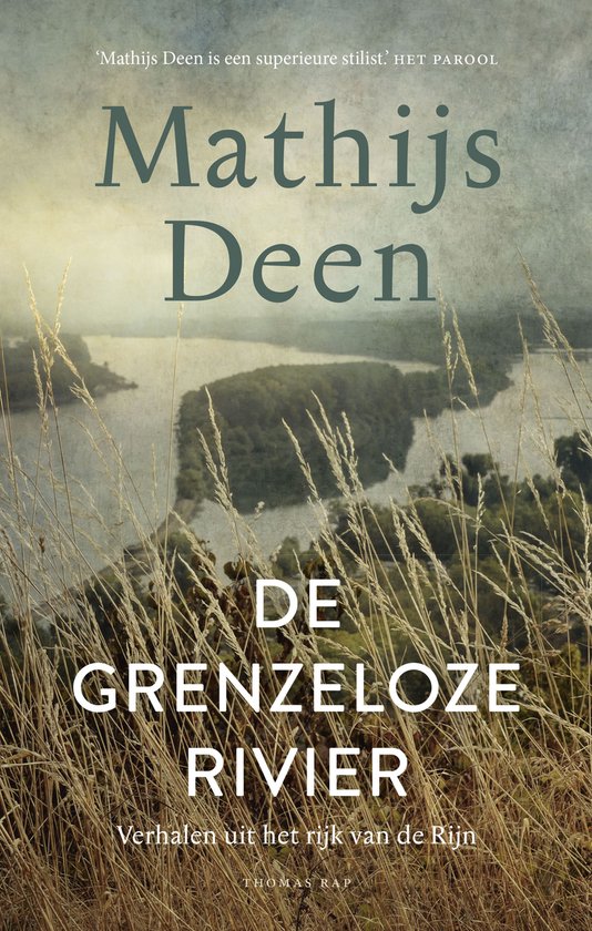 Boek 'De Grenzeloze Rivier' met tekst en een afbeelding van een rivierlandschap.