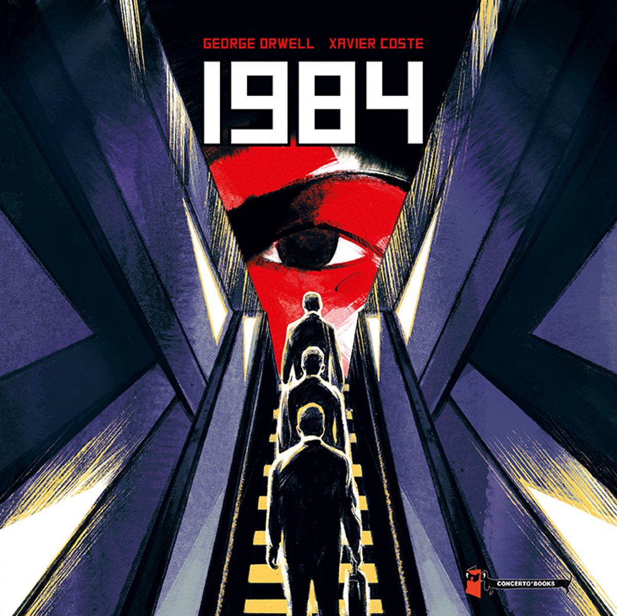 Boekcover 1984 van George Orwell: Vier mannen lopen een trap op onder een groot rood oog.