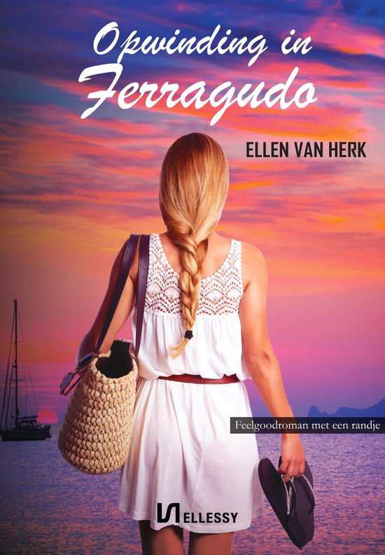 Vrouw met blonde vlecht, witte zomerjurk en tas, staat aan zee bij zonsondergang. Titel: Opwinding in Ferragudo.