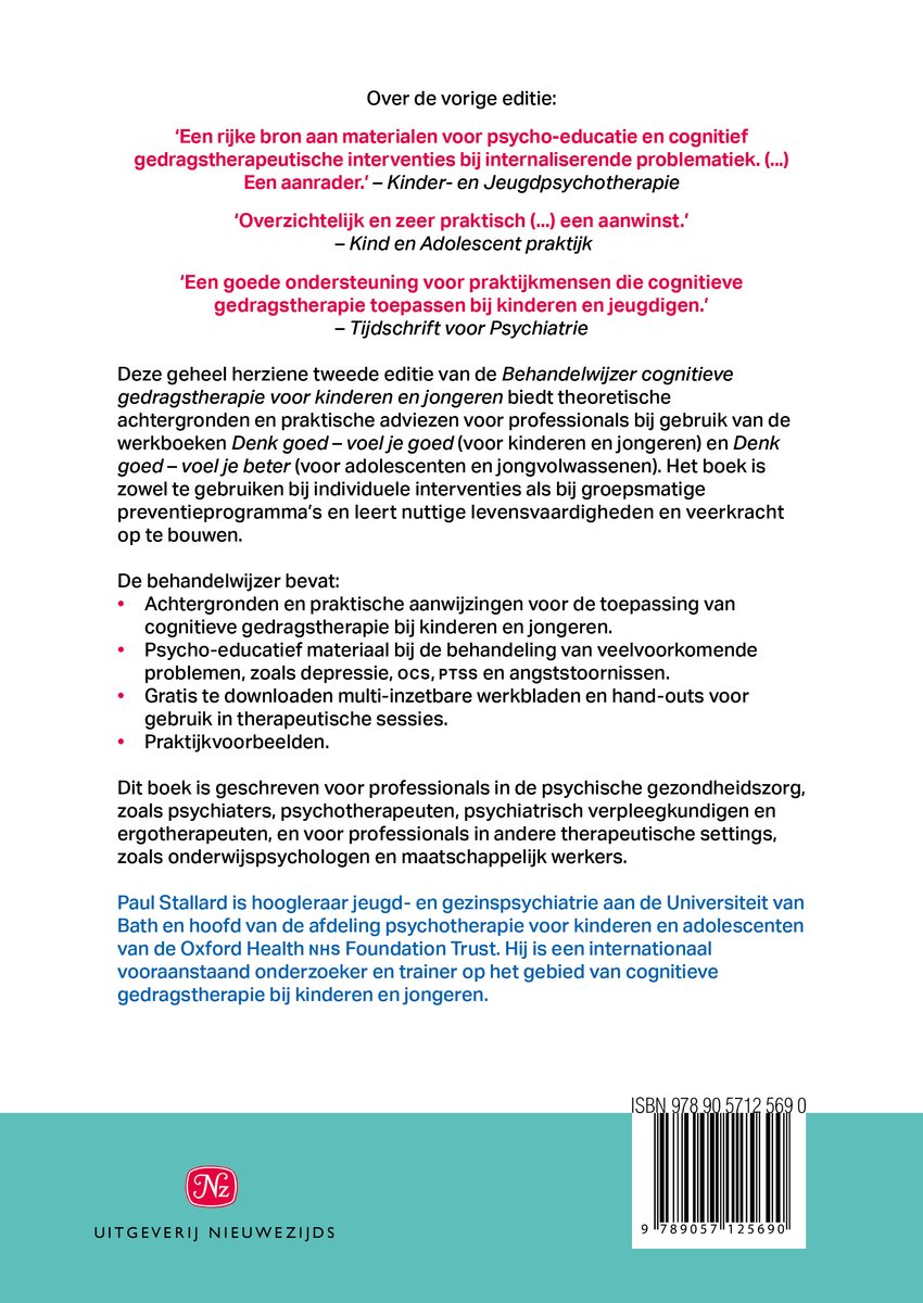 Boek 'Behandelwijzer cognitieve gedragstherapie voor kinderen en jongeren' met tekst en ISBN.