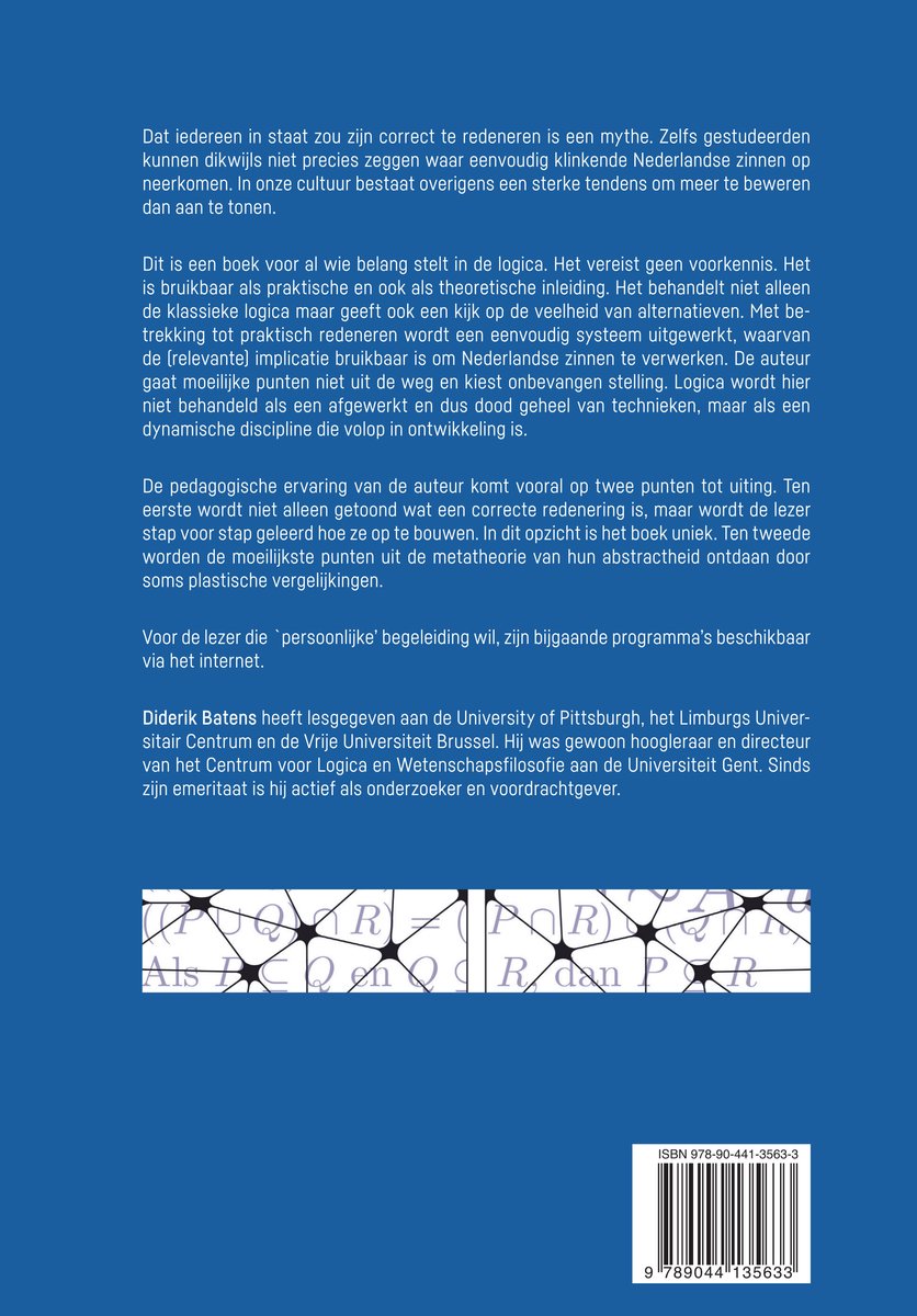 Achterkant van het boek 'Logicaboek' met tekst over de inhoud en auteur, Diderik Batens.